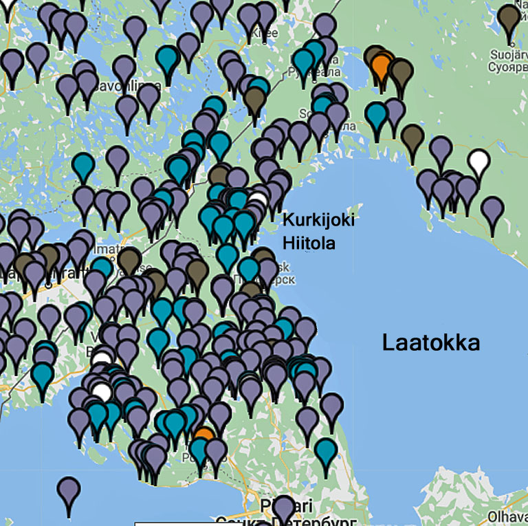 Testattujen isälinjojen kotipaikkoja Karjala DNA -projektissa.