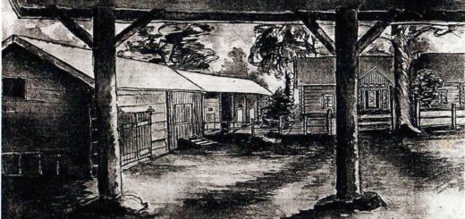 Pentti Kiiskin piirros Kotilan tilasta navetan katoksen alta katsottuna, vasemmalla aitat, oikealla päärakennus.