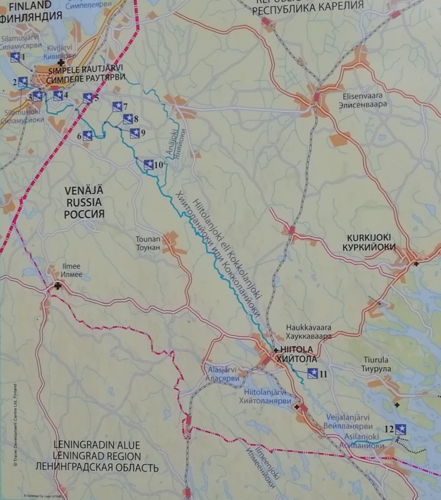 Hiitolanjoki, Kokkolanjoki, Asilanjoki – sama joki, monta nimeä. Karttaan on merkitty tähdellä kosket, Venäjän puolen kosket eivät aiheuta lohen nousulle ongelmia.